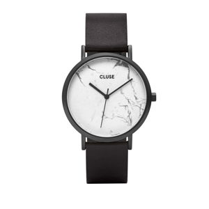 Dámske hodinky s čiernym koženým remienkom a bielym mramorovým ciferníkom Cluse La Roche