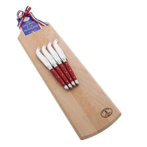 Set 4 červených nožov na servírovanie syrov s drevenou doskou Jean Dubost