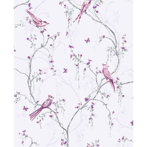 Biela nástenná tapeta Graham & Brown Songbird Lilac, 0,52 x 10 m