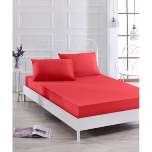 Set červenej elastickej plachty a obliečky na vankúš na jednolôžko Basso Rojo, 100 × 200 cm
