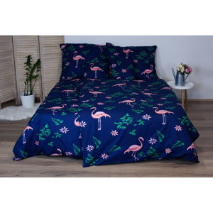 Tmavomodré bavlnené posteľné obliečky Cotton House Flamingo, 140 x 200 cm