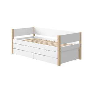 Biela detská posteľ s prídavným výsuvným lôžkom a úložným priestorom a nohami z brezového dreva Flexa White