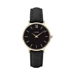 Dámske čierne hodinky s koženým remienkom a detailmi v zlatej farbe Cluse Minuit
