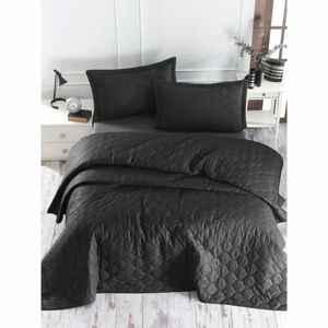 Čierna prikrývka cez posteľ s 2 obliečkami na vankúš z ranforce bavlny EnLora Home Fresh, 225 x 240 cm