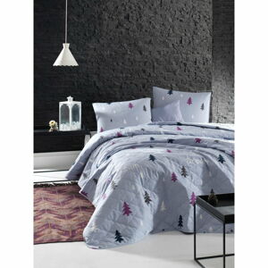 Modrá prikrývka cez posteľ s 2 obliečkami na vankúš z ranforce bavlny Mijolnir Takeme, 225 x 240 cm