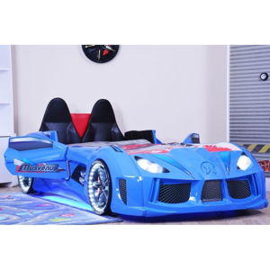 Modrá detská posteľ v tvare auta s LED svetlami Racero, 90 × 190 cm