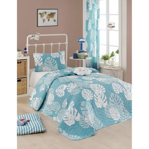 Set prehozu cez posteľ a obliečky na vankúš s prímesou bavlny Eponj Home Monstera Blue, 160 x 220 cm