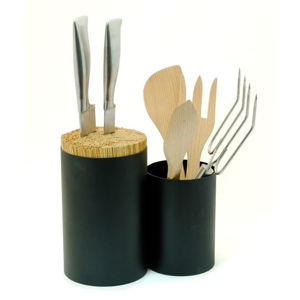 Čierny blok na nože a kuchynské náčinie z bambusového dreva Wireworks Knife&Spoon