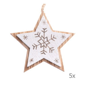Sada 5 bielych drevených závesných ozdôb v tvare hviezdy Dakls, dĺžka 7,5 cm