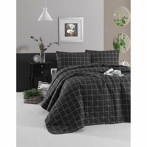 Čierna prikrývka cez posteľ s 2 obliečkami na vankúš z ranforce bavlny EnLora Home Piga, 225 x 240 cm