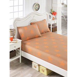 Set oranžovej bavlnenej plachty a 2 obliečok na vankúše na jednolôžko Stars Lusno, 100 × 200 cm