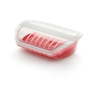 Transparentná silikónová nádoba s červeným podnosom na pečenie v páre pre 3- 4 porcie Lékué Steam Case