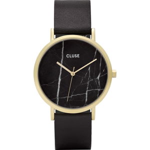 Dámske čierne hodinky s koženým remienkom a mramorovým ciferníkom Cluse La Roche Rose