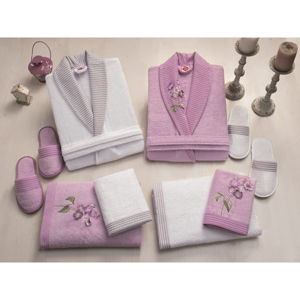 Set dámského a pánského župana, uterákov, osušiek a dvoch párov papúč v bielej a fialovej farbe Family Bath