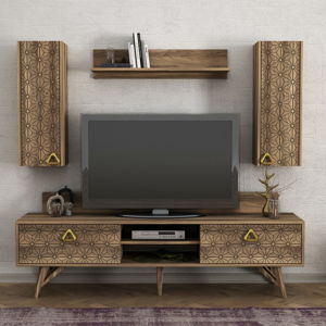 Set TV komody a nástenných skriniek v dekore orechového dreva Yakamoz