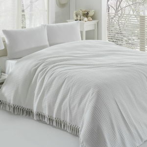 Biely bavlnený ľahký pléd cez posteľ na dvojlôžko Pique, 220 × 240 cm