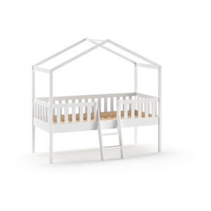 Biela vyvýšená domčeková detská posteľ z borovicového dreva 90x200 cm DALLAS – Vipack