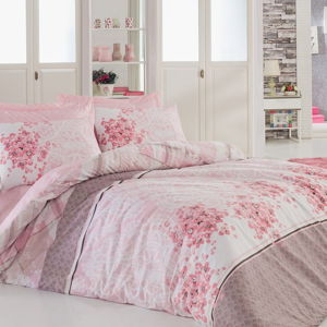 Ružové bavlnené obliečky s plachtou na dvojlôžko Sonya Powder, 200 × 220 cm