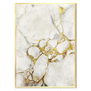Nástenný ručne maľovaný obraz JohnsonStyle White & Gold Marble Gold Frame, 53 x 73 cm