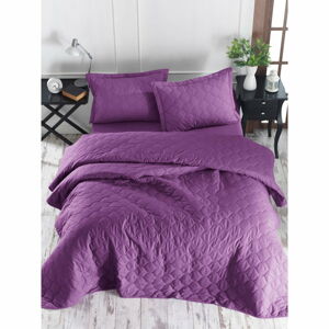 Fialová prikrývka cez posteľ s 2 obliečkami na vankúš z ranforce bavlny EnLora Home Fresh, 225 x 240 cm