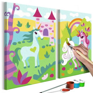 DIY set na tvorbu vlastného dvojdielneho obrazu na plátne Artgeist Fairytale Unicorns, 33 × 23 cm