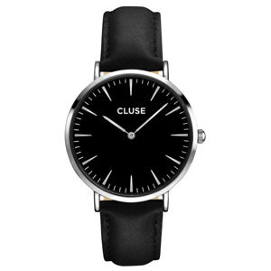 Dámske hodinky s čiernym koženým remienkom a čiernym ciferníkom Cluse La Bohéme